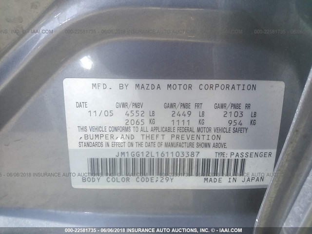 JM1GG12L161103387 - 2006 MAZDA SPEED 6 GRAY photo 9