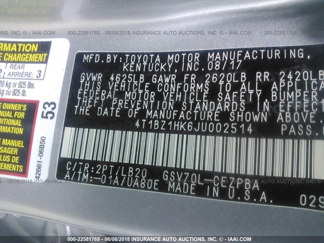 4T1BZ1HK6JU002514 - 2018 TOYOTA CAMRY XSE/XLE Gümüş foto 9