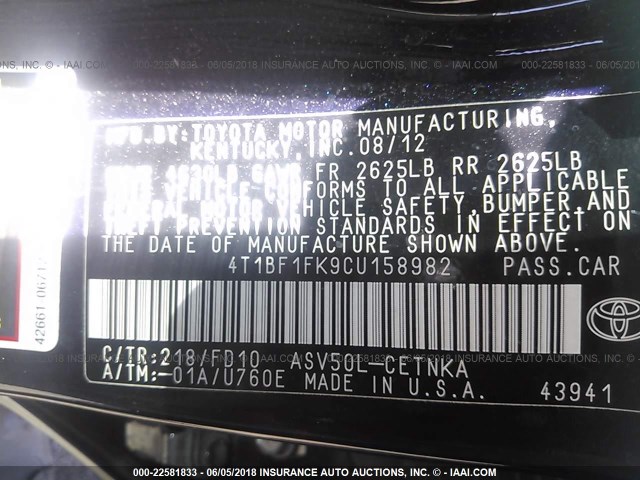 4T1BF1FK9CU158982 - 2012 TOYOTA CAMRY SE/LE/XLE 黑色 照片 9