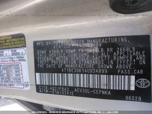 4T1BE30K14U934899 - 2004 TOYOTA CAMRY LE/XLE/SE 棕色 照片 9