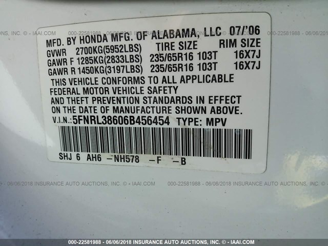 5FNRL38606B456454 - 2006 HONDA ODYSSEY EXL WHITE photo 9