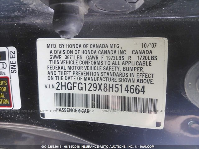 2HGFG129X8H514664 - 2008 HONDA CIVIC EXL Qara foto 9