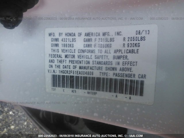 1HGCR2F51EA004806 - 2014 HONDA ACCORD SPORT თეთრი ფოტო 9