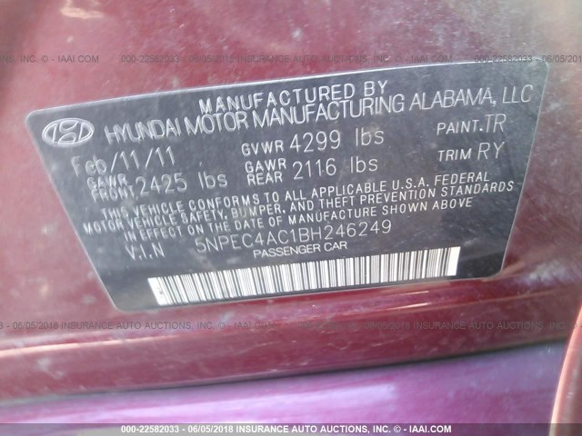 5NPEC4AC1BH246249 - 2011 HYUNDAI SONATA SE/LIMITED BURGUNDY photo 9