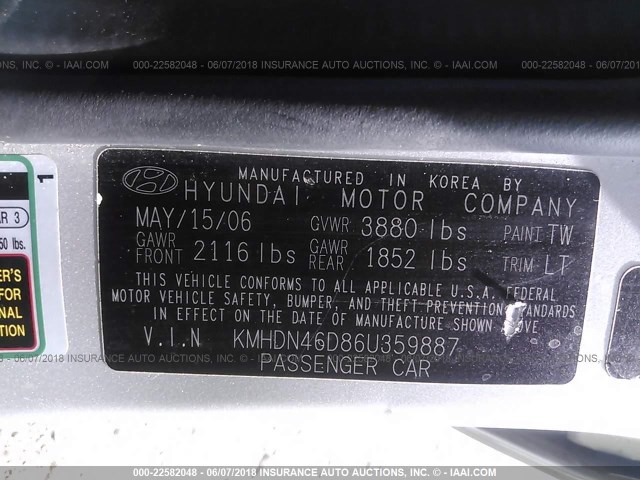 KMHDN46D86U359887 - 2006 HYUNDAI ELANTRA GLS/GT/LIMITED SILVER photo 9