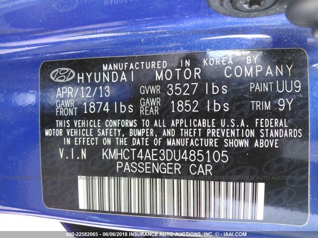 KMHCT4AE3DU485105 - 2013 HYUNDAI ACCENT GLS/GS BLUE photo 9