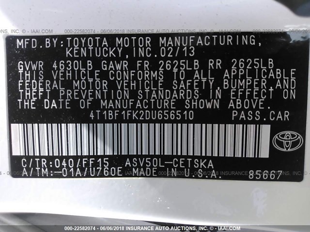 4T1BF1FK2DU656510 - 2013 TOYOTA CAMRY L/SE/LE/XLE 白色 照片 9