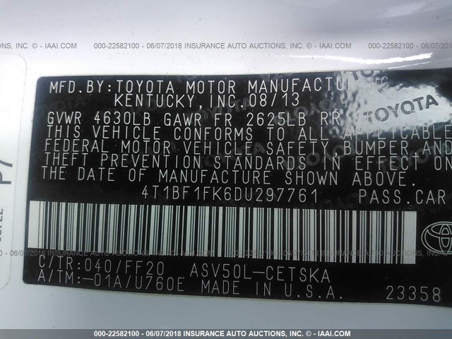 4T1BF1FK6DU297761 - 2013 TOYOTA CAMRY L/SE/LE/XLE 白色 照片 9