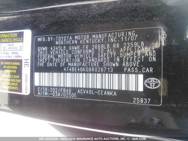 4T4BE46K08R026713 - 2008 TOYOTA CAMRY CE/LE/XLE/SE BLACK photo 9