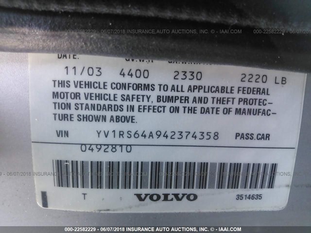 YV1RS64A942374358 - 2004 VOLVO S60 SILVER photo 9