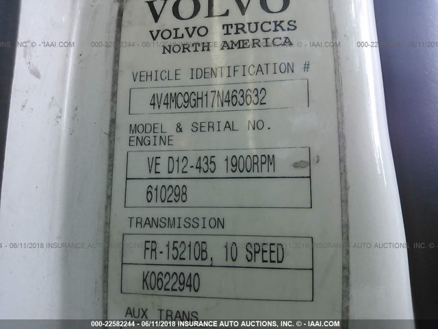 4V4MC9GH17N463632 - 2007 VOLVO VNM M WHITE photo 10