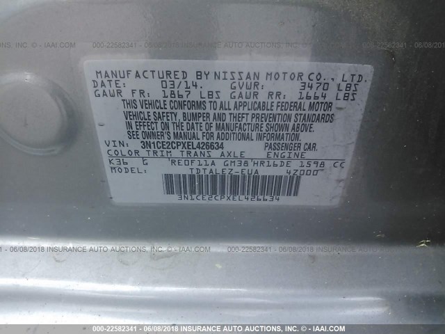 3N1CE2CPXEL426634 - 2014 NISSAN VERSA NOTE S/S PLUS/SV/SL GRAY photo 9