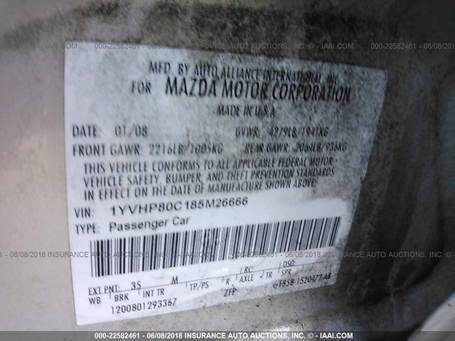 1YVHP80C185M26666 - 2008 MAZDA 6 I Сріблястий фото 9