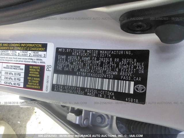 4T1BF1FK6EU374159 - 2014 TOYOTA CAMRY L/SE/LE/XLE 银色 照片 9