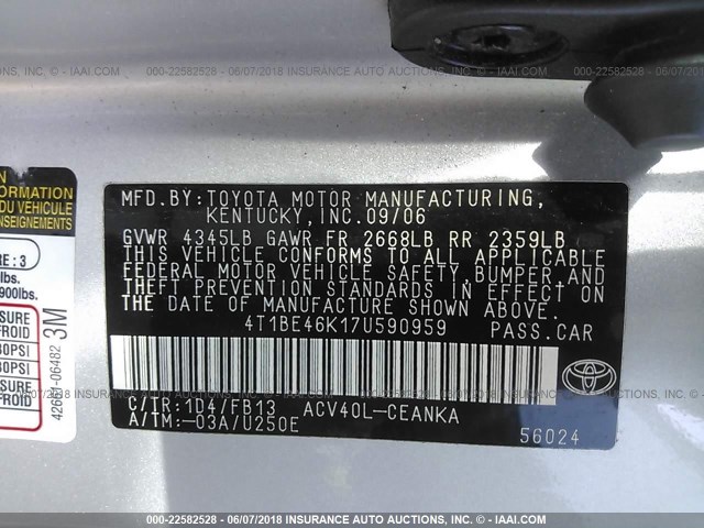 4T1BE46K17U590959 - 2007 TOYOTA CAMRY NEW GENERAT CE/LE/XLE/SE SILVER photo 9