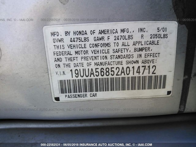 19UUA56852A014712 - 2002 ACURA 3.2TL TYPE-S SILVER photo 9