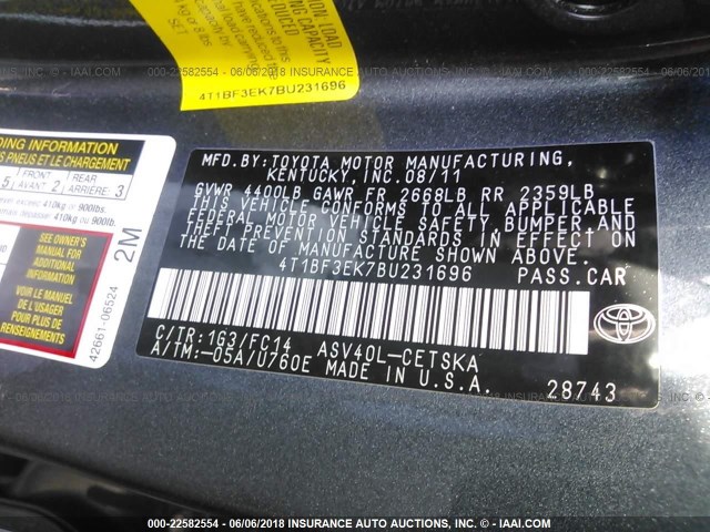 4T1BF3EK7BU231696 - 2011 TOYOTA CAMRY SE/LE/XLE GRAY photo 9
