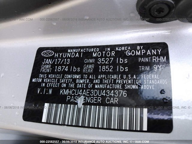 KMHCU4AE3DU434376 - 2013 HYUNDAI ACCENT GLS/SE SILVER photo 9