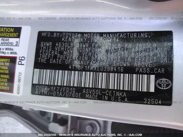 4T1BF1FKXEU398416 - 2014 TOYOTA CAMRY L/SE/LE/XLE 银色 照片 9