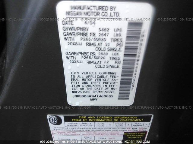 JNRBS08W44X403665 - 2004 INFINITI FX45 GRAY photo 9