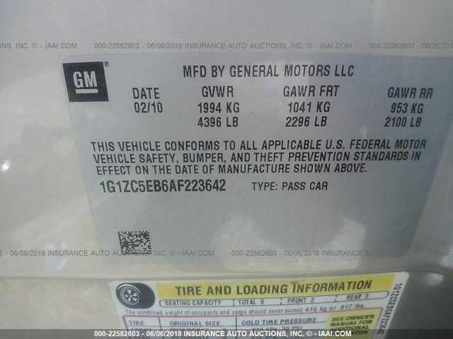 1G1ZC5EB6AF223642 - 2010 CHEVROLET MALIBU 1LT ოქროსფერი ფოტო 9