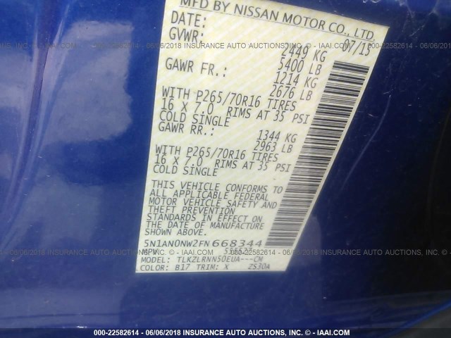 5N1AN0NW2FN668344 - 2015 NISSAN XTERRA X/S/PRO-4X BLUE photo 9