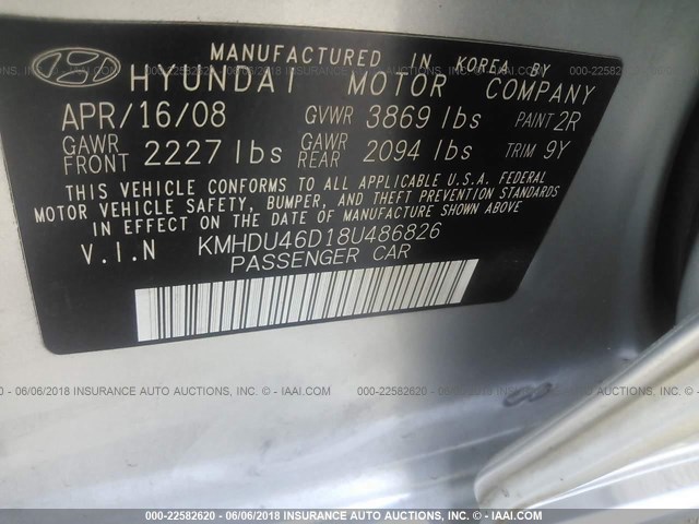 KMHDU46D18U486826 - 2008 HYUNDAI ELANTRA GLS/SE/LIMITED SILVER photo 9