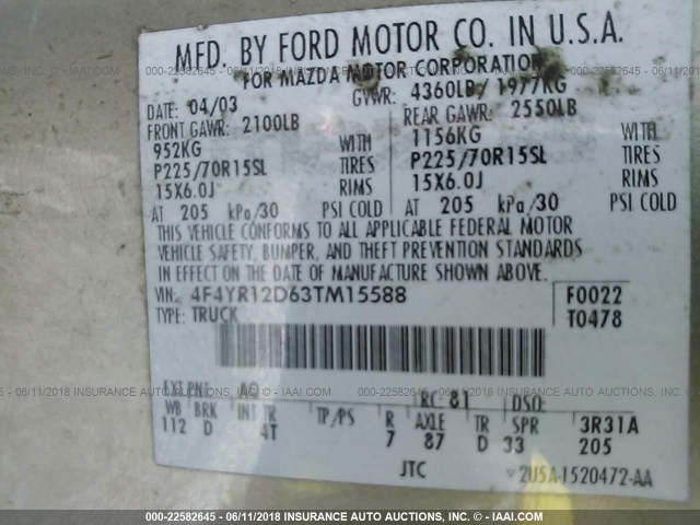 4F4YR12D63TM15588 - 2003 MAZDA B2300 TAN photo 9