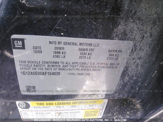 1G1ZA5E00AF154838 - 2010 CHEVROLET MALIBU LS BLACK photo 9