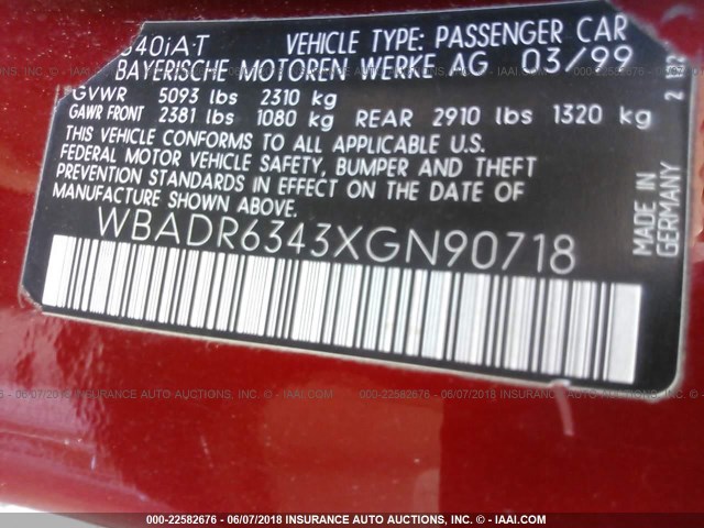 WBADR6343XGN90718 - 1999 BMW 540 IT AUTOMATIC RED photo 9