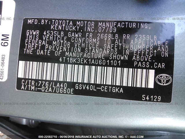 4T1BK3EK1AU601101 - 2010 TOYOTA CAMRY SE/LE/XLE 绿色 照片 9