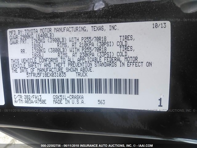 5TFRU5F18EX031035 - 2014 TOYOTA TUNDRA DOUBLE CAB SR/SR5 BLACK photo 9