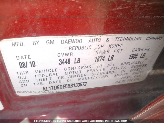 KL1TD6DE5BB133572 - 2011 CHEVROLET AVEO LS/LT 红色 照片 9