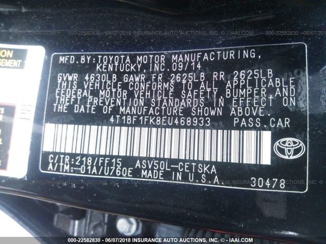 4T1BF1FK8EU468933 - 2014 TOYOTA CAMRY L/SE/LE/XLE BLACK photo 9