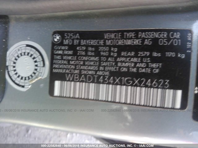 WBADT434X1GX24623 - 2001 BMW 525 I AUTOMATIC TEAL photo 9