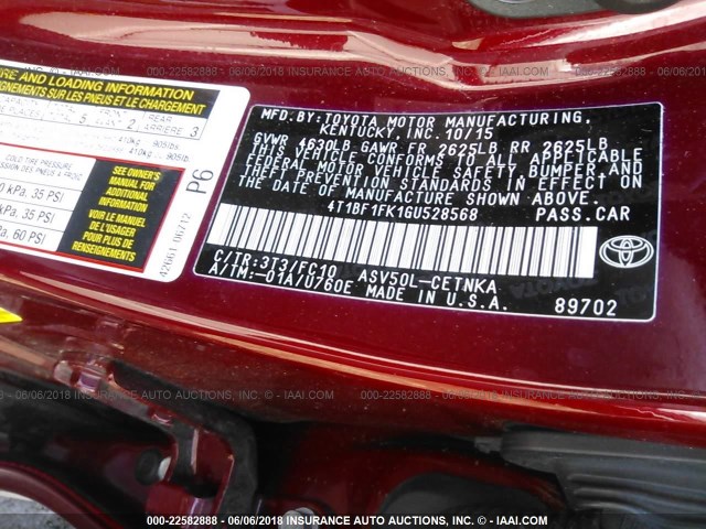 4T1BF1FK1GU528568 - 2016 TOYOTA CAMRY LE/XLE/SE/XSE მუქწითელი ფოტო 9