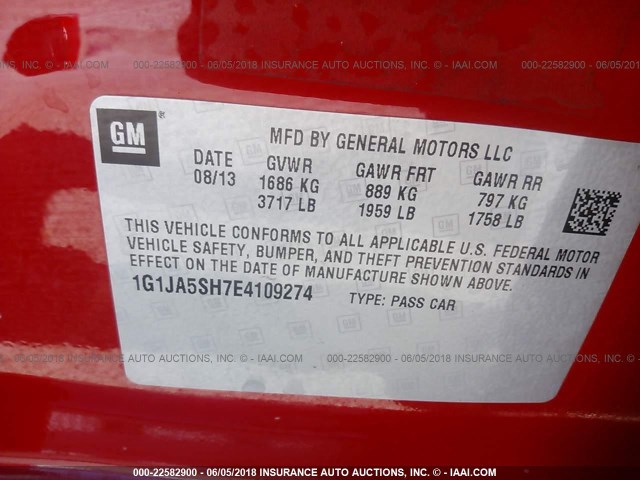 1G1JA5SH7E4109274 - 2014 CHEVROLET SONIC LS 红色 照片 9