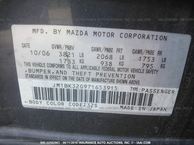 JM1BK32G971653915 - 2007 MAZDA 3 I GRAY photo 9