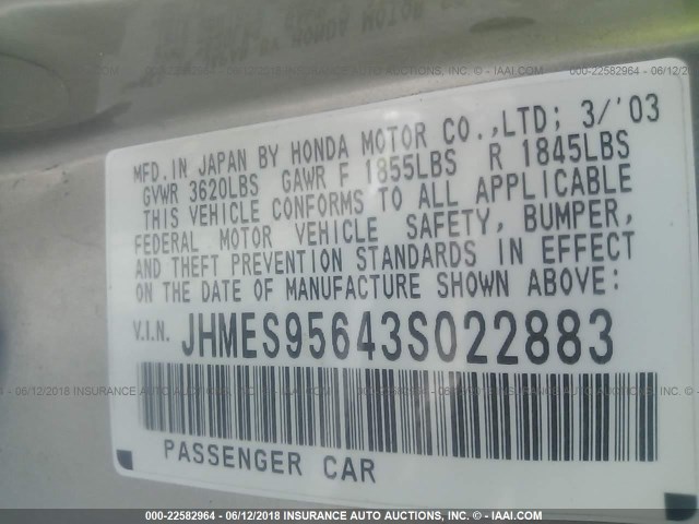 JHMES95643S022883 - 2003 HONDA CIVIC HYBRID GOLD photo 9