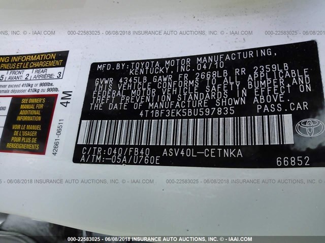 4T1BF3EK5BU597835 - 2011 TOYOTA CAMRY SE/LE/XLE WHITE photo 9