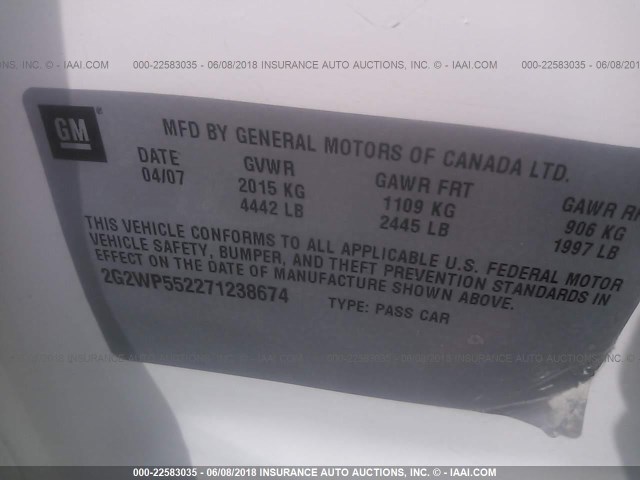 2G2WP552271238674 - 2007 PONTIAC GRAND PRIX WHITE photo 9