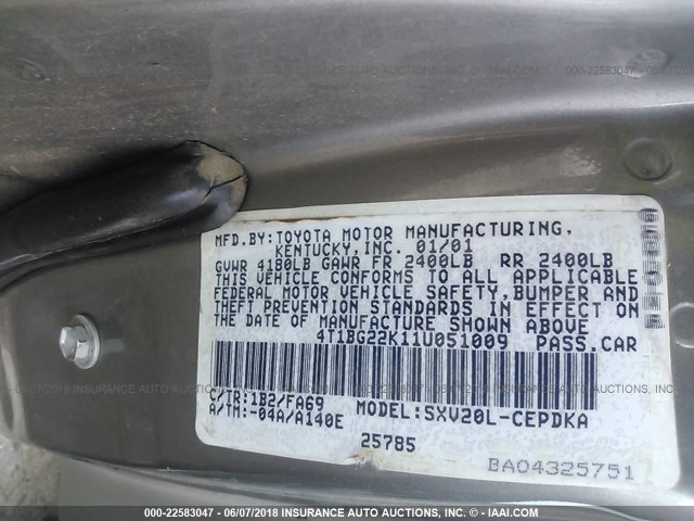 4T1BG22K11U051009 - 2001 TOYOTA CAMRY CE/LE/XLE GRAY photo 9