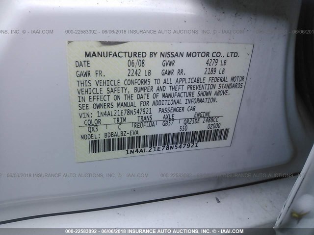 1N4AL21E78N547921 - 2008 NISSAN ALTIMA 2.5/2.5S WHITE photo 9