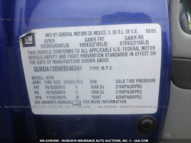 3GNDA13D96S546341 - 2006 CHEVROLET HHR LS ლურჯი ფოტო 9