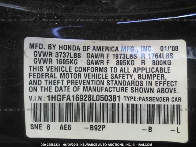 1HGFA16928L050381 - 2008 HONDA CIVIC EXL BLACK photo 9