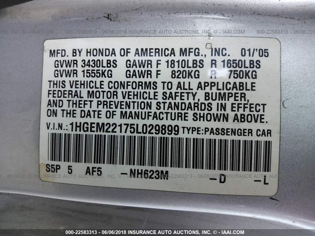 1HGEM22175L029899 - 2005 HONDA CIVIC DX VP SILVER photo 9