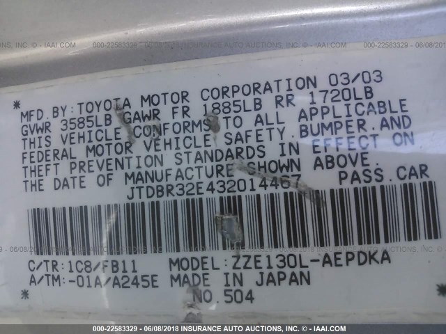 JTDBR32E432014467 - 2003 TOYOTA COROLLA CE/LE SILVER photo 9