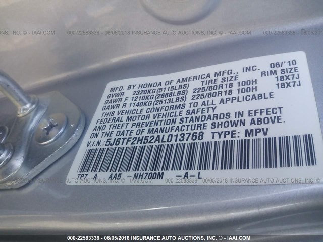 5J6TF2H52AL013768 - 2010 HONDA ACCORD CROSSTOUR EXL SILVER photo 9