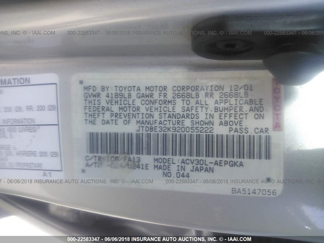 JTDBE32K920055222 - 2002 TOYOTA CAMRY LE/XLE/SE ვერცხლისფერი ფოტო 9