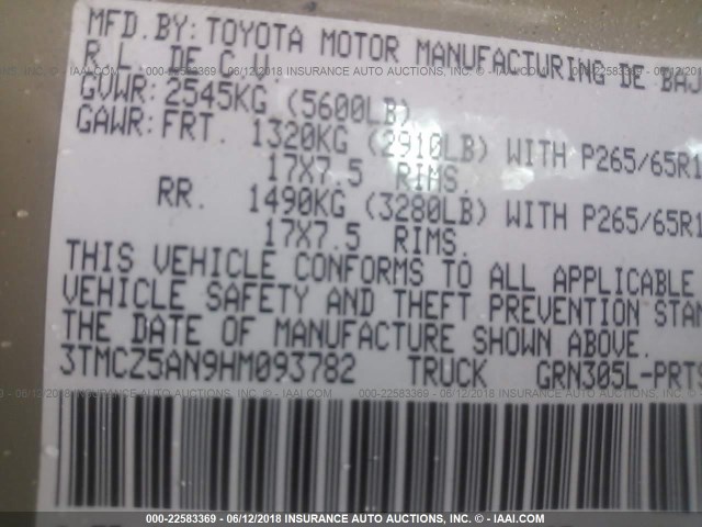 3TMCZ5AN9HM093782 - 2017 TOYOTA TACOMA DBL CAB/SR/TRDSPT/OR/PRO Қоңыр фото 9